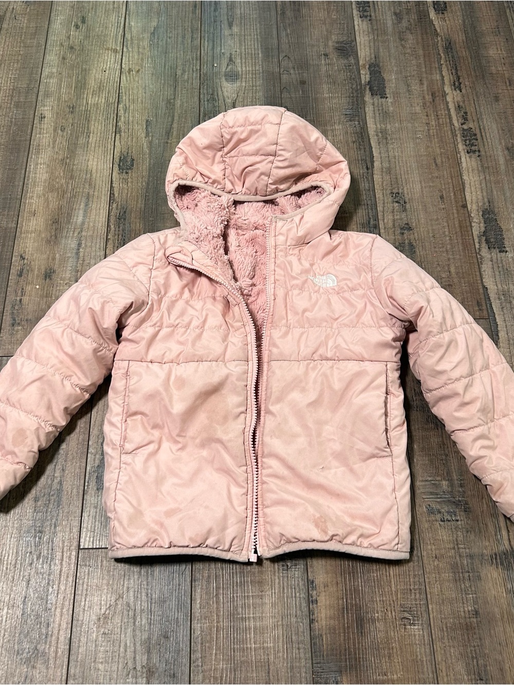 The North Face Reversible Winter Coat Girl 5T Pink Broken Zipper Stained